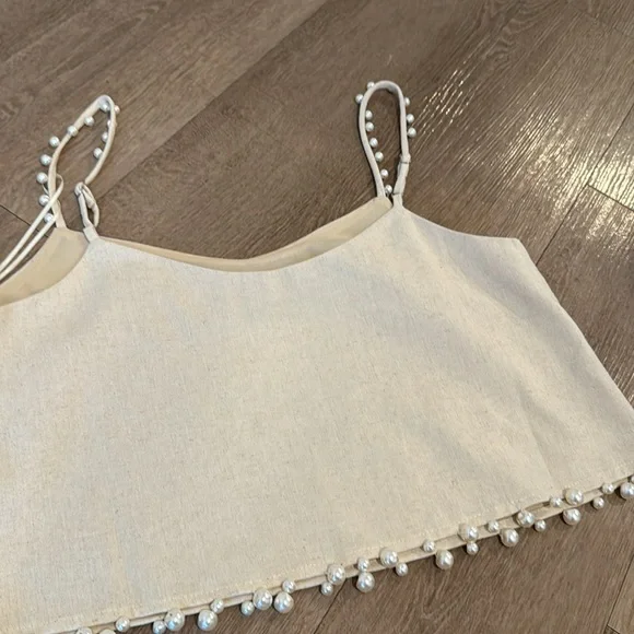 Pearl Details Cropped Top Beige Linen Straps Medium - Picture 6 of 10